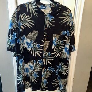 Island Shores‎ Hawaiian Shirt Blue Floral Size XL Island 100% Silk